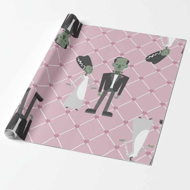 valentines bride frankenstein monster pink herzen geschenkpapier (Ungerollt)