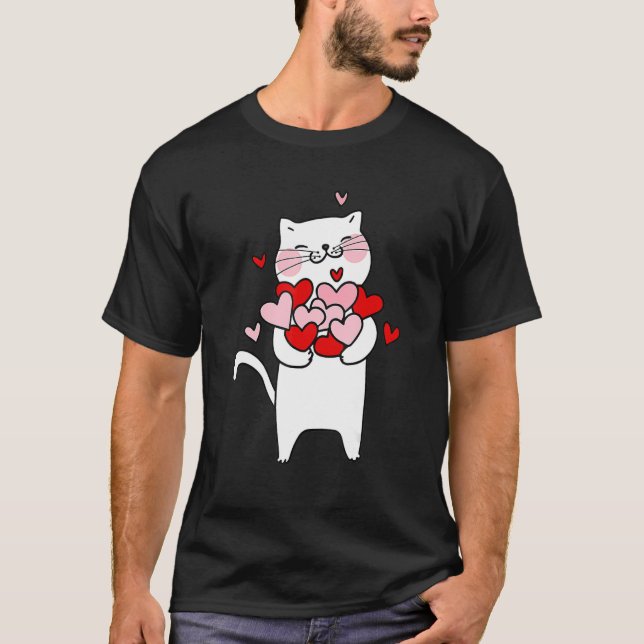 Valentine's Cat Holding Hearts Cat Lover Cat Owner T-Shirt (Vorderseite)