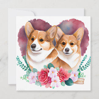 Valentines Corgi Pair, Herz, Blume, Wasserfarbe Feiertagskarte
