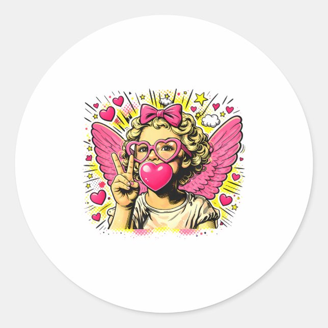 Valentines Cute Cupid Heart Angel Love Holiday Com Runder Aufkleber (Vorderseite)