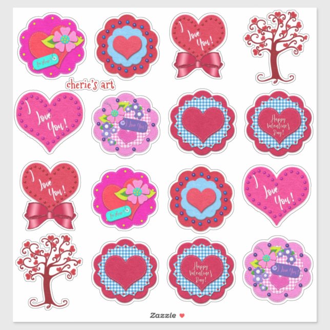 Valentine's Day Assorted Adorable Felt Look  Aufkleber (Blatt)
