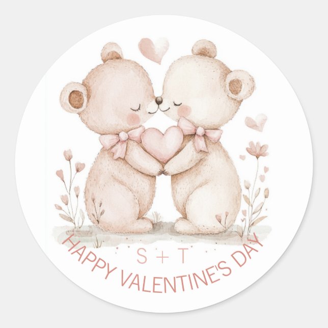 Valentine's Day Bear Couple Custom Initials Runder Aufkleber (Vorderseite)