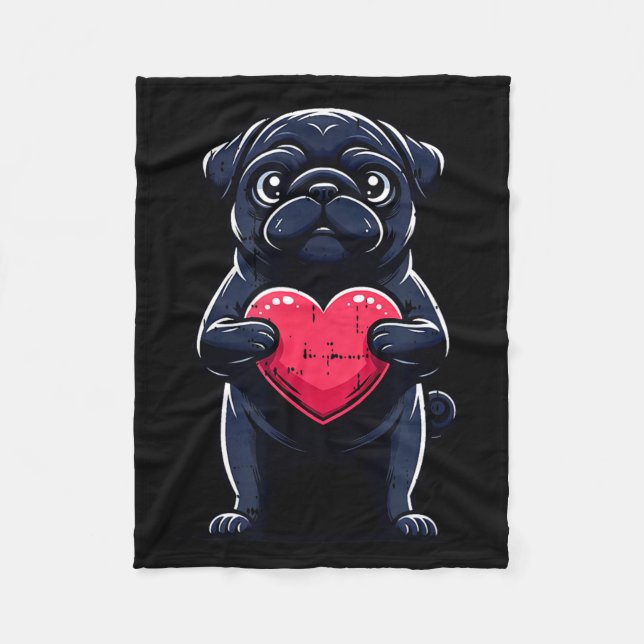 Valentines Day Black Pug Heart Funny Dog Mom Dad F Fleecedecke (Vorderseite)