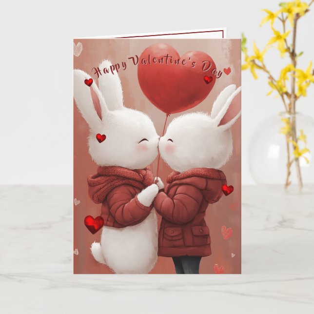 Valentine's Day Card Bunnies Red Hearts  Karte (Gelbe Blume)