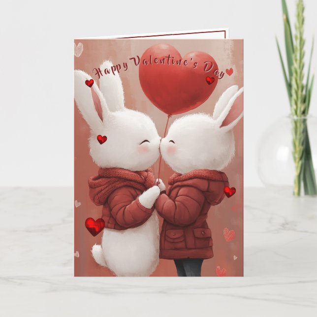 Valentine's Day Card Kissing Bunnies Red Hearts Karte (Vorderseite)