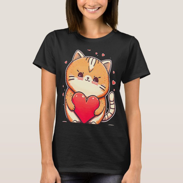 Valentine's Day Cat Niedlich Cat Holend a Heart T-Shirt (Vorderseite)