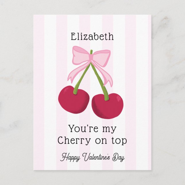 Valentine's Day Cherry on Top Coquette Stripes Postkarte (Vorderseite)