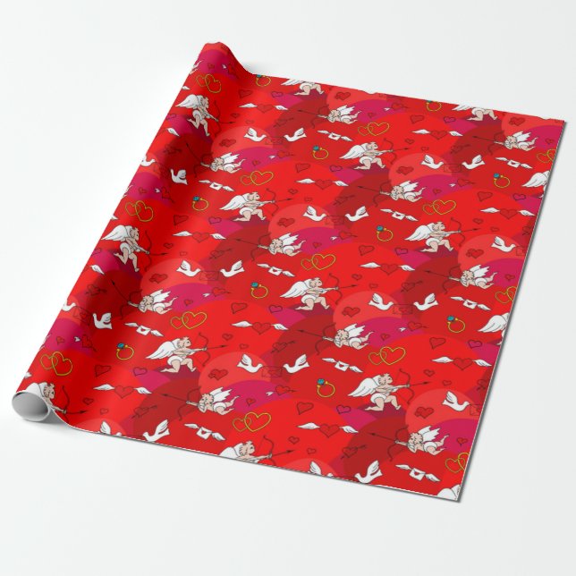 Valentine's Day Cupid Flügel Herz Rot Rosa Geschenkpapier (Ungerollt)