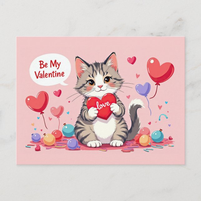 Valentines Day Cute Cat Hearts Be My Valentine Postkarte (Vorderseite)