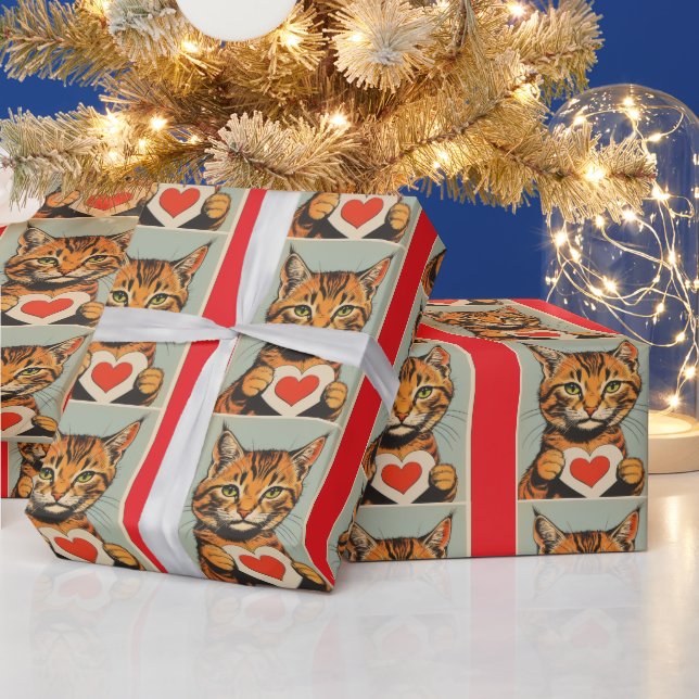 VALENTINE'S DAY CUTE TABBY CAT WRAPPING PAPER GESCHENKPAPIER (Feiertage)