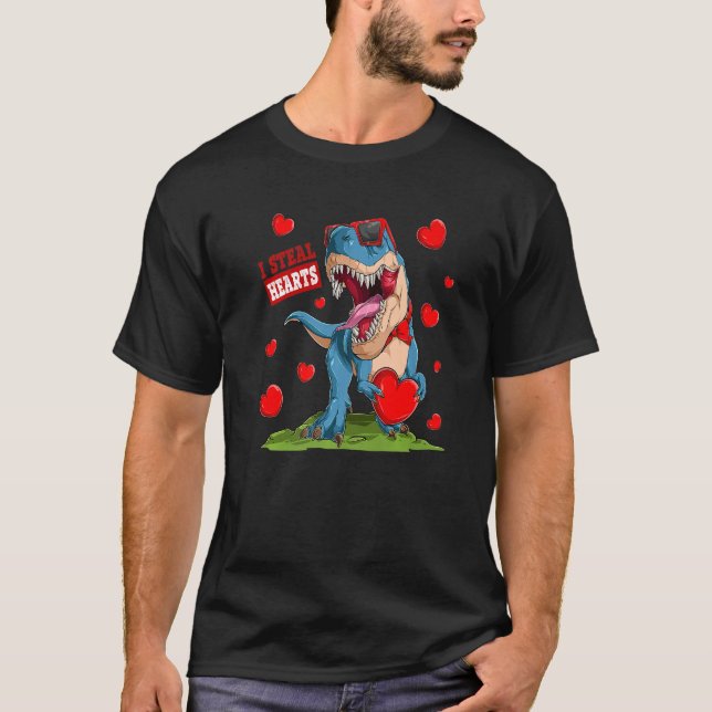 Valentines Day Dinosaur I Steal Hearts Boys Men Lo T-Shirt (Vorderseite)