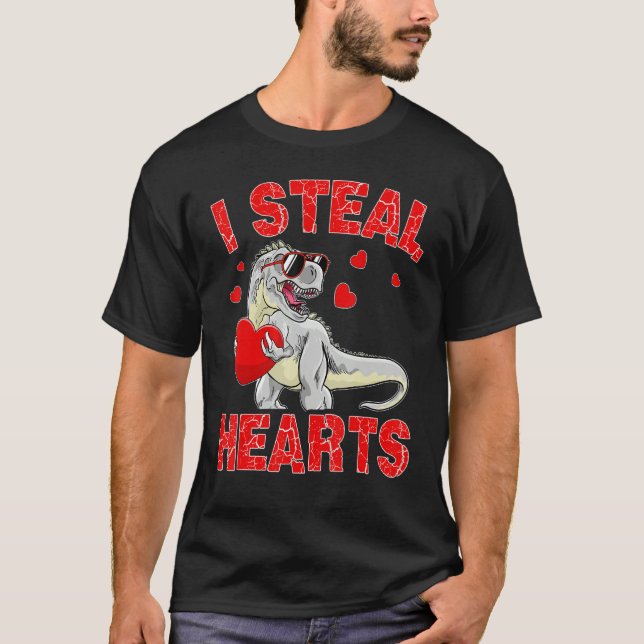 Valentines Day Dinosaur I Steal Hearts Boys Men Lo T-Shirt (Vorderseite)