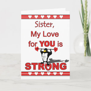 Valentine's Day for Sister, Penguin Abs & Weights Feiertagskarte