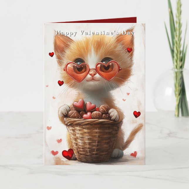 Valentine's Day Ginger Cat Basket Hearts  Karte (Vorderseite)