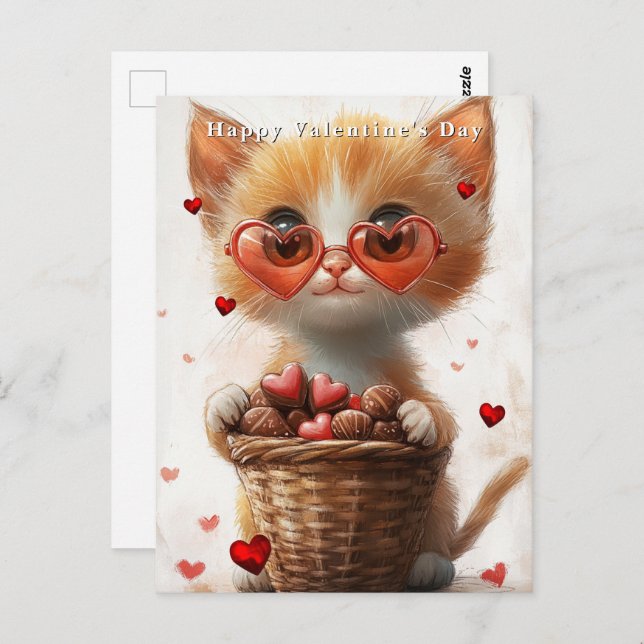 Valentine's Day Ginger Cat Basket Hearts  Postkarte (Vorne/Hinten)