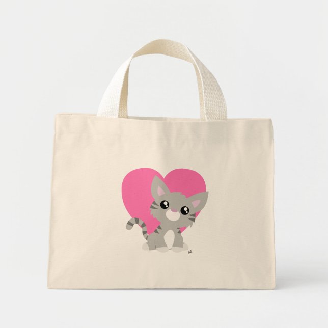 Valentine's Day Gray Kitty Tote Bag Mini Stoffbeutel (Vorne)