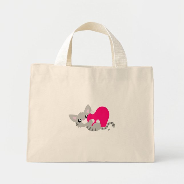 Valentine's Day Gray Kitty Tote Bag Mini Stoffbeutel (Vorne)