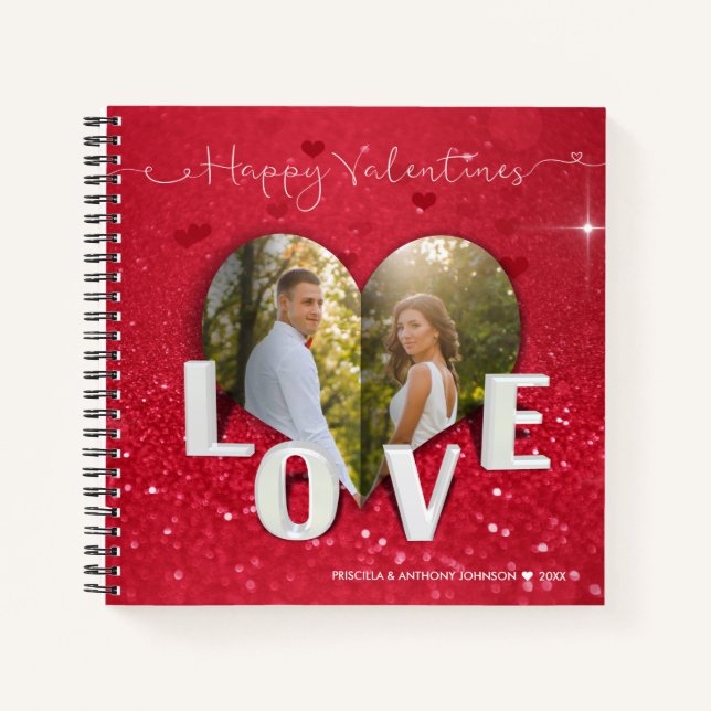 Valentine's Day Heart Foto Red Glitzer Notebook Notizbuch (Vorderseite)