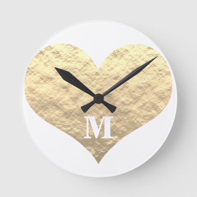 Valentine's Day Heart Monogram Initials Gold White Runde Wanduhr (Vorderseite)