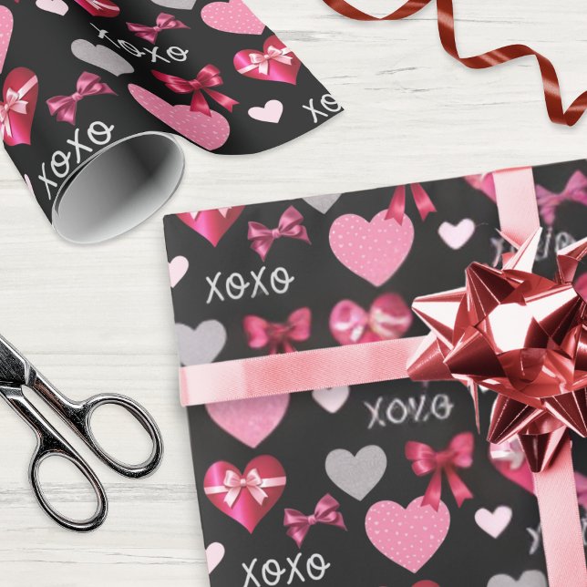 Valentine's Day Hearts and Ribbons Pink Red Black Geschenkpapier (Valentine's Day gift wrap with romantic hearts and ribbons pattern)