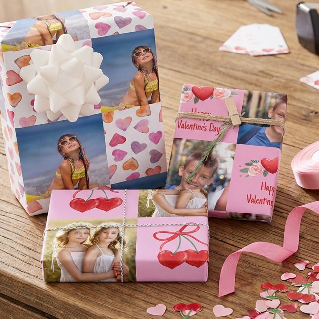 Valentine's Day Hearts and Square Photos Set of 3 Geschenkpapier Set (Valentine's gift wrap with hearts and personalized photos)