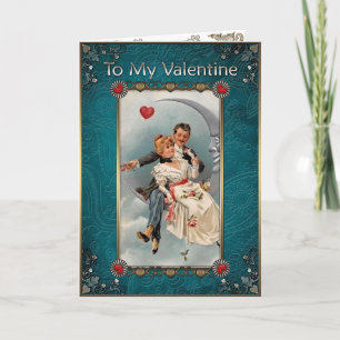 Valentine's Day. Mann und Frau auf dem Mond Feiertagskarte