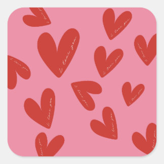 Valentine's Day Modern Red & Pink Hearts Script Quadratischer Aufkleber