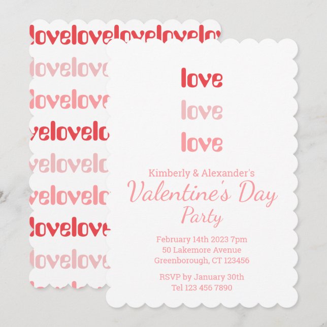 Valentine's Day Party Pink and Red typography Einladung (Vorne/Hinten)