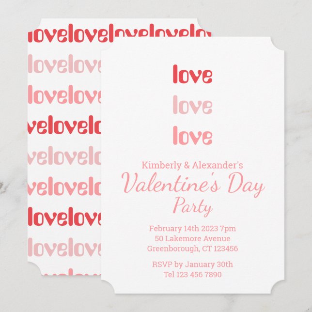 Valentine's Day Party Pink and Red typography Einladung (Vorne/Hinten)