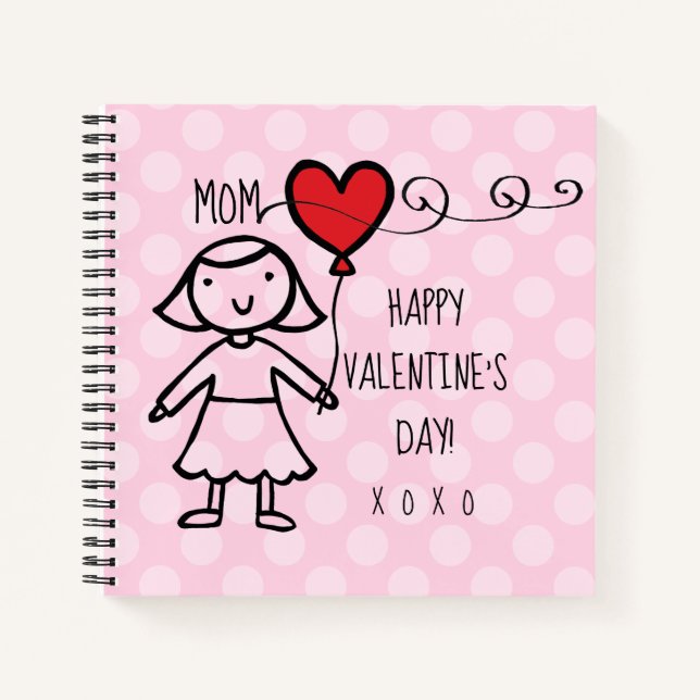 Valentine's Day Pink Dots Red Heart Mama Cartoon Notizbuch (Vorderseite)