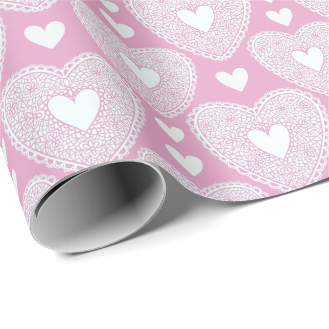 Valentine's Day Pink Lace Herzmuster Geschenkpapier (Rolleneckpunkt)