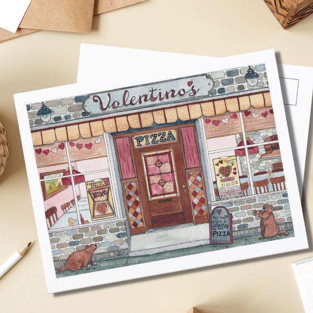 Valentine's Day Pizza Shop Wasserfarbe Postkarte (Von Creator hochgeladen)