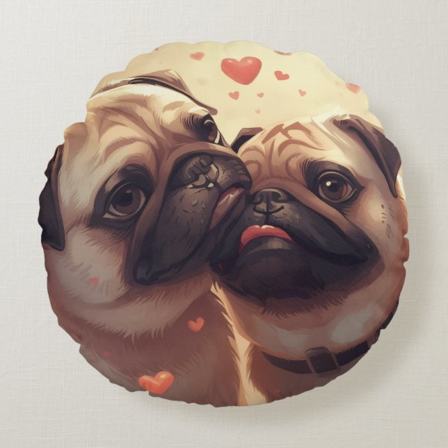 Valentine's Day Pug Love Round Pillow Rundes Kissen (Vorderseite)