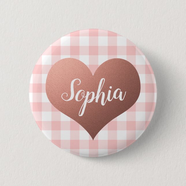 Valentine's Day Red Gingham Heart Individuelle Nam Button (Vorderseite)