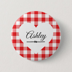 Valentine's Day Red Gingham Heart Individuelle Nam Button