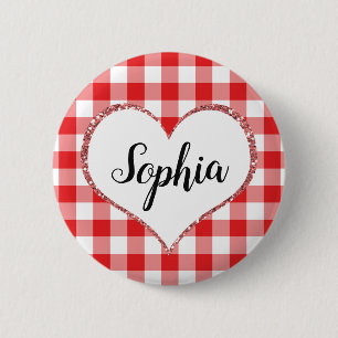 Valentine's Day Red Gingham Heart Individuelle Nam Button