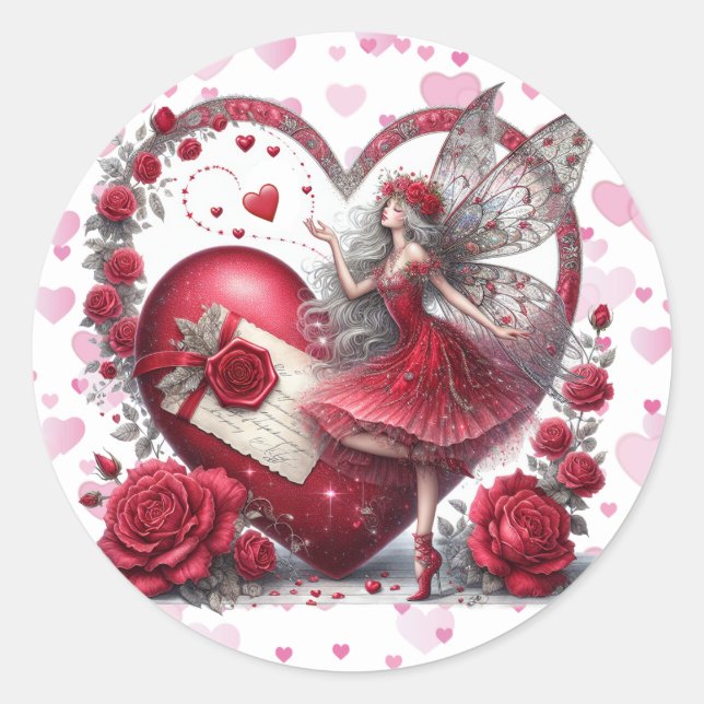 Valentine's Day Red Heart Fairy Magic Runder Aufkleber (Vorderseite)