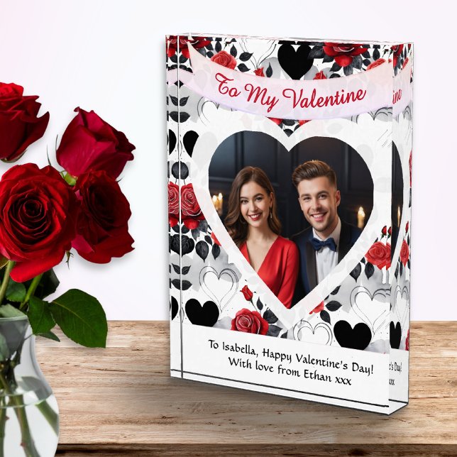Valentine's Day Red Roses Hearts Personalized Fotoblock (A photo block for Valentine's Day, with personalized photo and message, flowers and hearts)