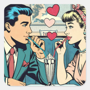 Valentine's Day   Retro Couple Drink Milkshakes Quadratischer Aufkleber
