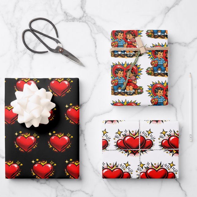 Valentine's Day | Retro Pop Art Boy and Girl Geschenkpapier Set (Vorderseite)