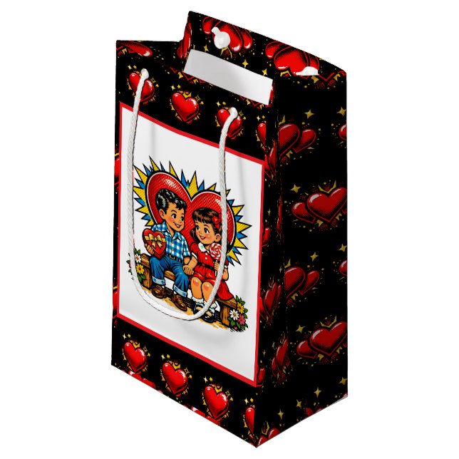Valentine's Day | Retro Pop Art Boy and Girl Kleine Geschenktüte (Vorderseite Schrägansicht)