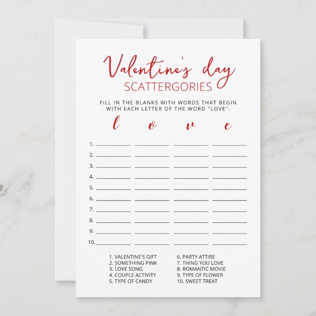 Valentine's day Scattergories editable game Card Einladung (Vorderseite)