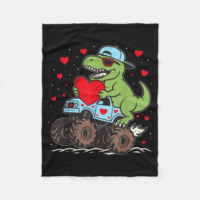 Valentines Day T Rex Riding Monster Truck Funny To Fleecedecke (Vorderseite)