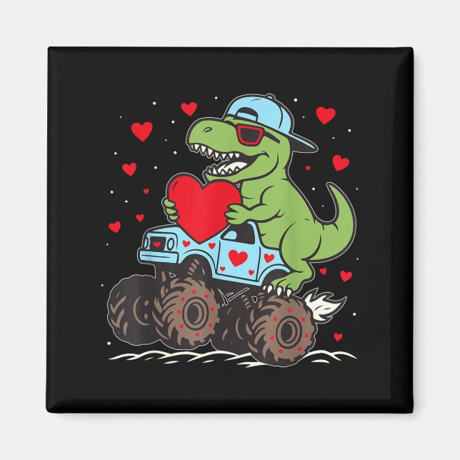 Valentines Day T Rex Riding Monster Truck Funny To Magnet (Vorne)