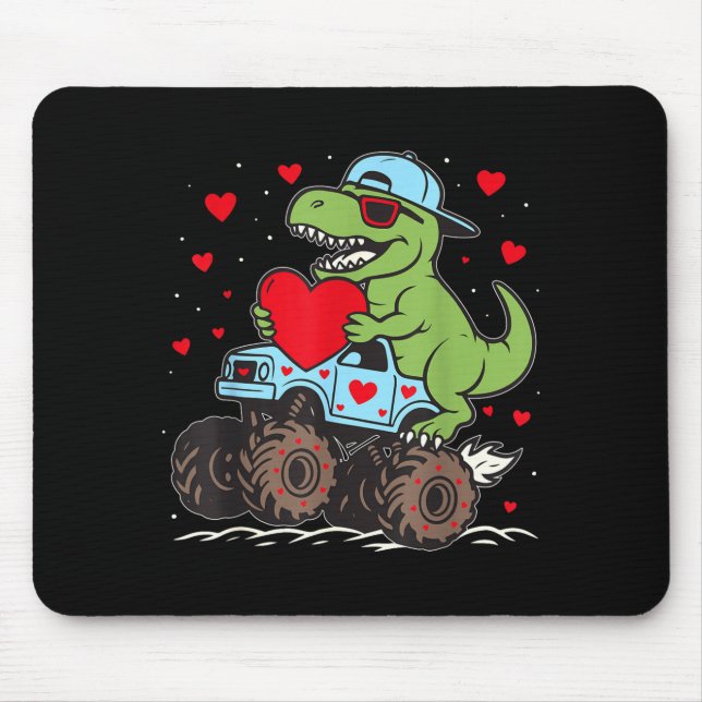 Valentines Day T Rex Riding Monster Truck Funny To Mousepad (Vorne)