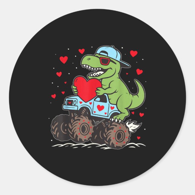 Valentines Day T Rex Riding Monster Truck Funny To Runder Aufkleber (Vorderseite)