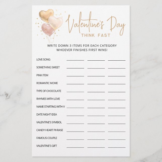 Valentine's Day Think Fast, Think Quick Party Spie (Vorderseite)