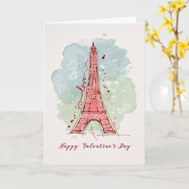Valentine's Day Watercolor Sketchy Doodle Eiffel Karte (Gelbe Blume)