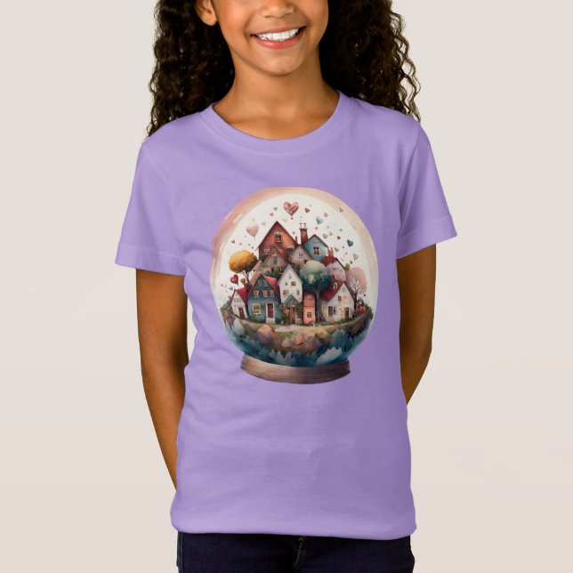 Valentines Day Watercolor Village Snowglobe T-Shirt (Vorderseite)