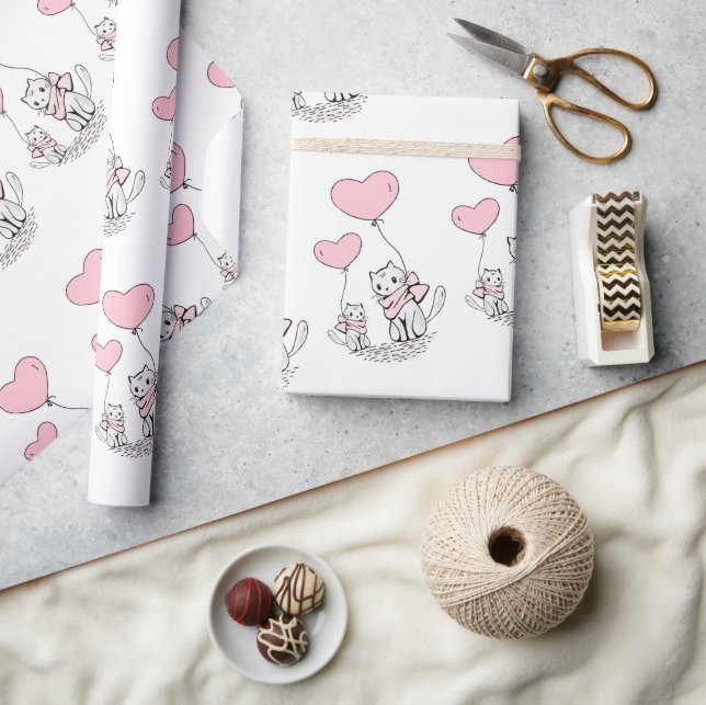 Valentine's Day Wrapping Paper Cat Pink Hearts Geschenkpapier (Kunsthandwerk)